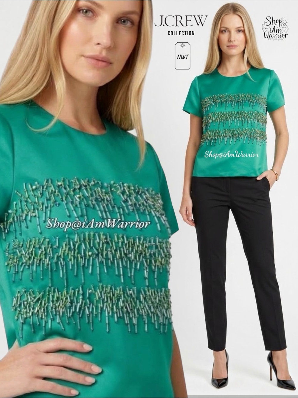 J.Crew Collection NWT Beaded Satin Top Teal Emerald Green Crystal Embellished